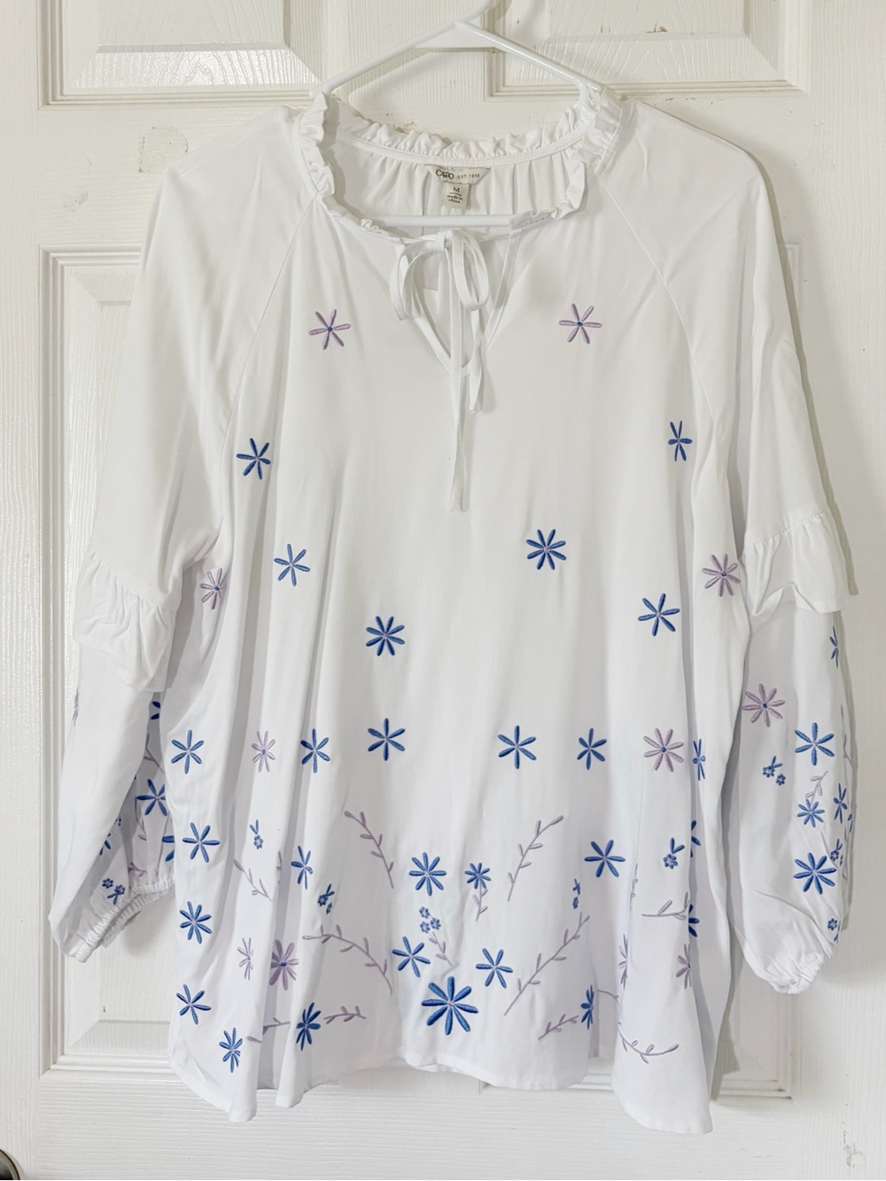 Cato White Tunic with Blue & Lavender Floral Embroidery